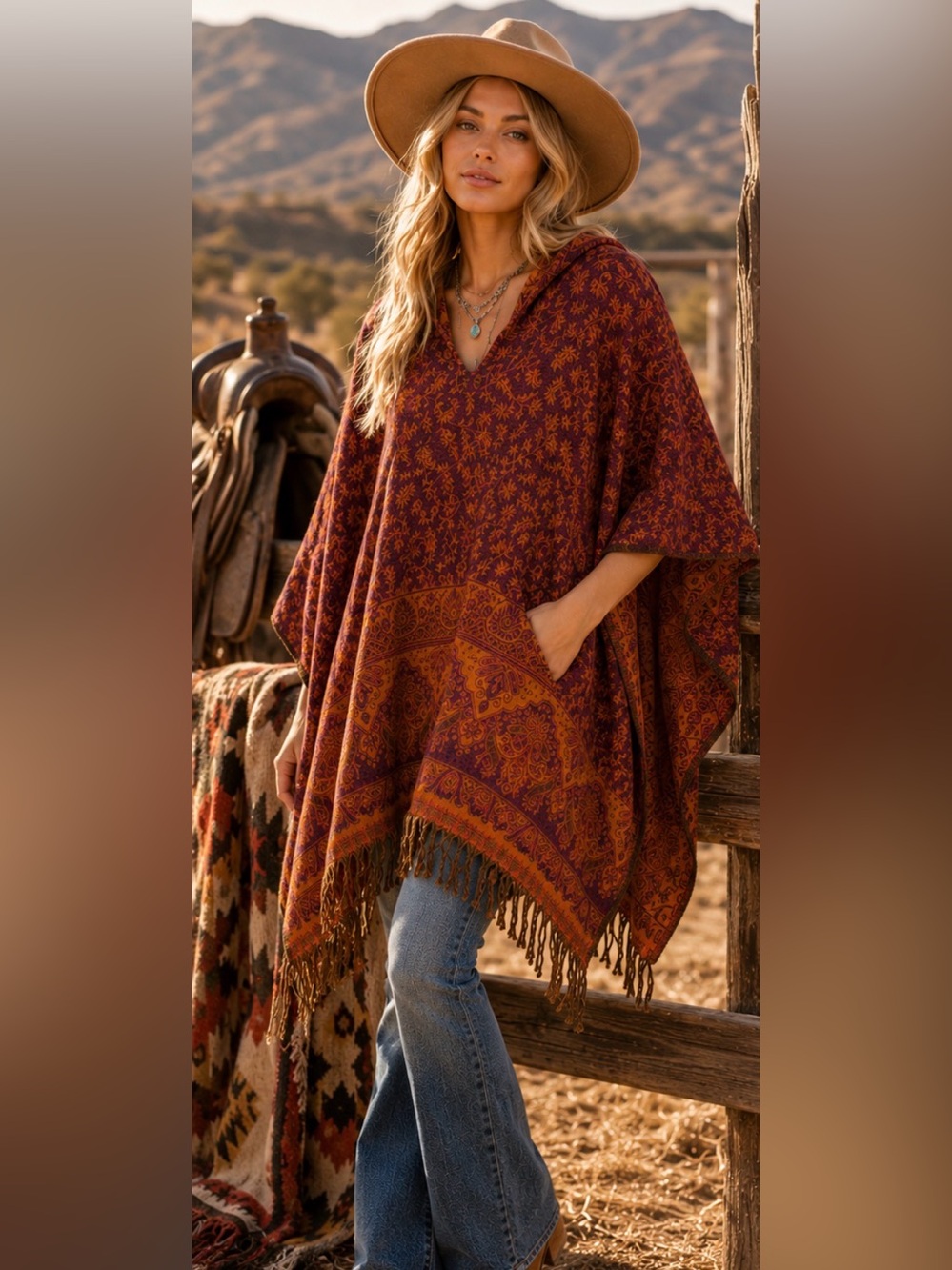New‼️ Rhea Hooded 🌺 Poncho Cape Fringe OS One Size